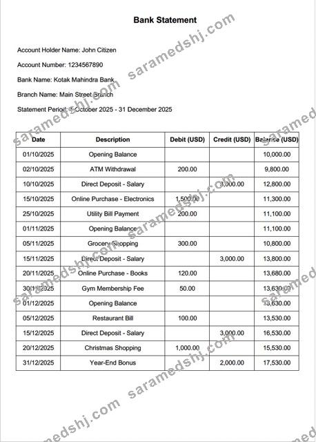 India Kotak Mahindra Bank statement Word and PDF template